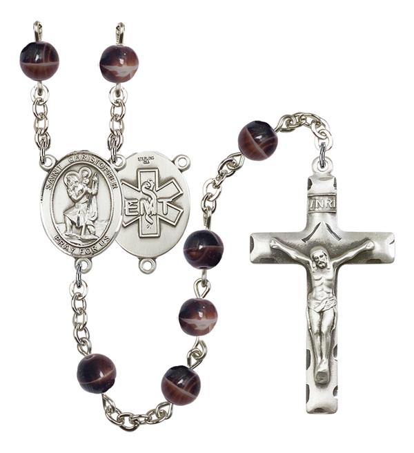 St. Christopher EMT Rosary, 7mm Brown Glass Beads, Silver Plate, # 12077
