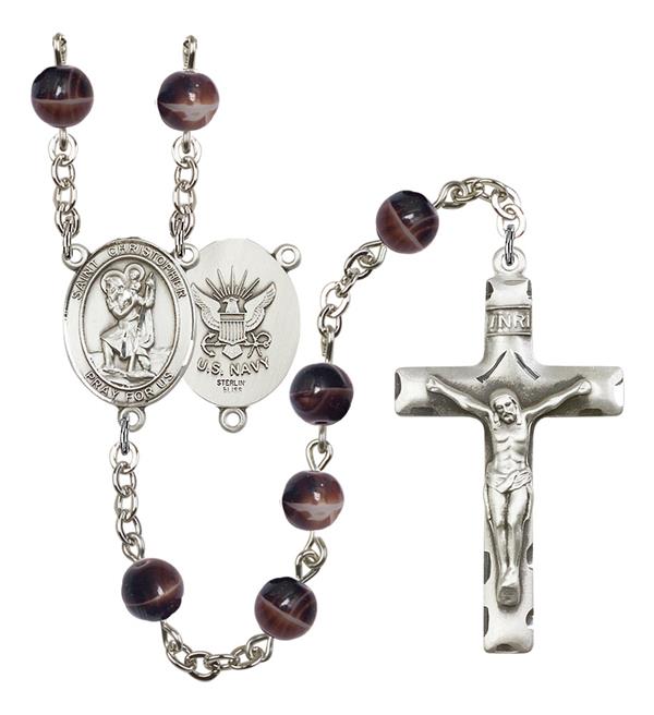 St. Christopher U.S. Navy Rosary, 7mm Brown Glass Beads, Silver Plate, # 12082