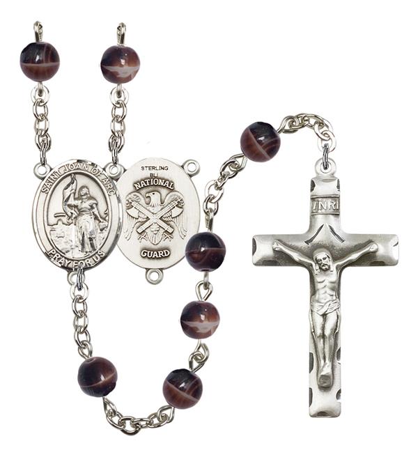 St. Joan of Arc National Guard Rosary, 7mm Brown Glass Beads, Silver Plate, # 12128