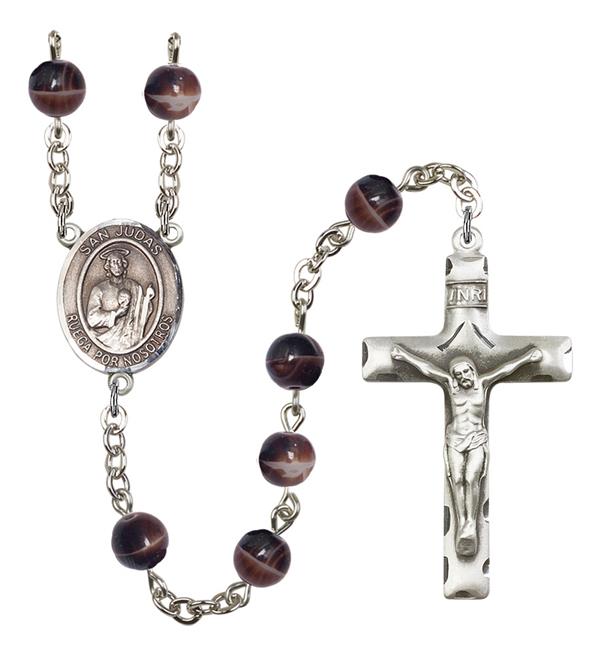 San Judas Spanish Rosary, 7mm Brown Glass Beads, Silver Plate, # 12137