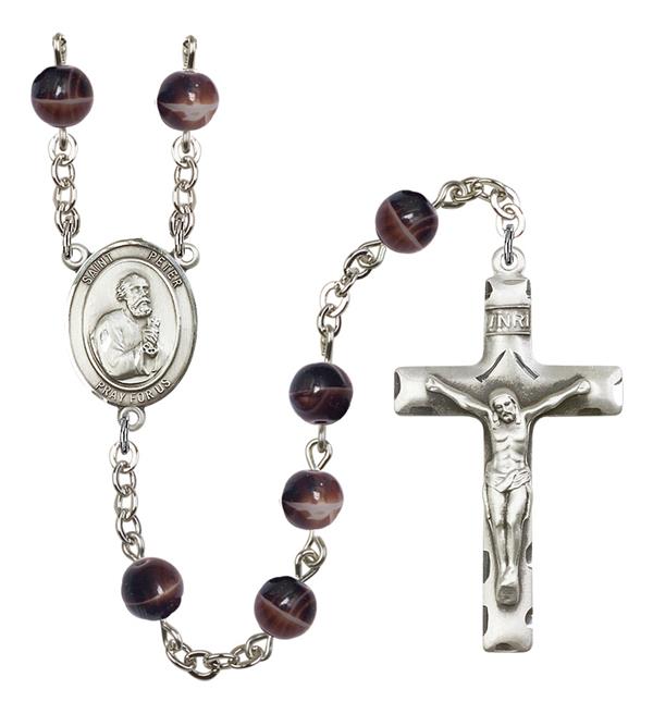 St. Peter Rosary, 7mm Brown Glass Beads, Silver Plate, # 12182