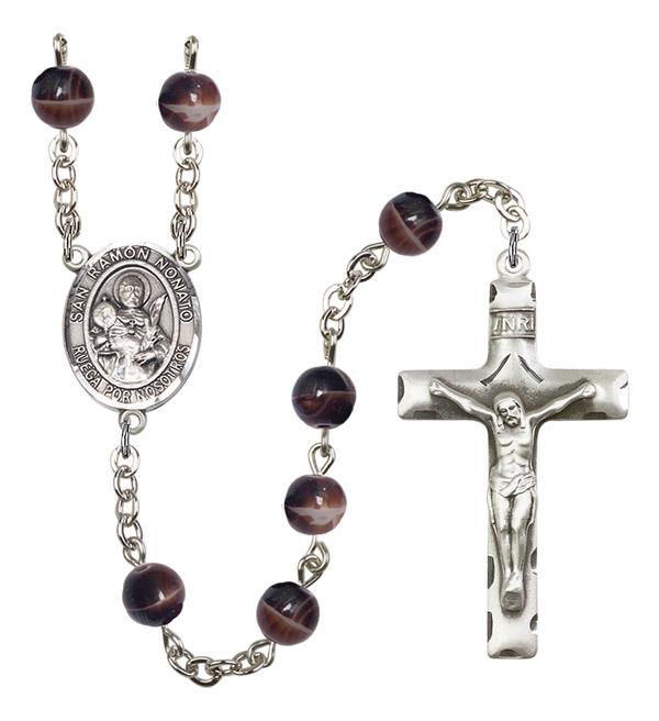 San Ramon Nonato Spanish Rosary, 7mm Brown Glass Beads, Silver Plate, # 12184