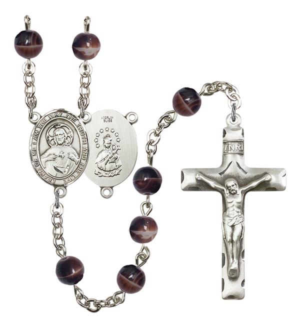 I am the Way, Truth and Life Rosary, 7mm Brown Glass Beads, Silver Plate, # 12191