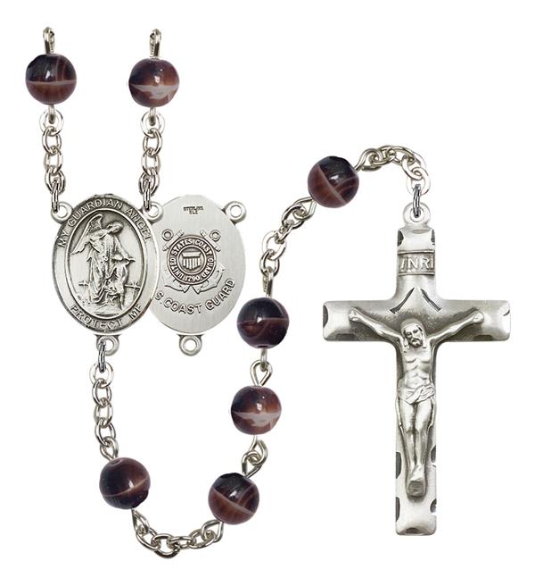 Guardian Angel U.S. Coast Guard Rosary, 7mm Brown Glass Beads, Silver Plate, # 12217