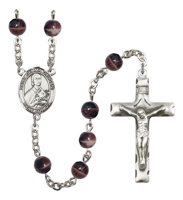 St. Gemma Galgani Rosary, 7mm Brown Glass Beads, Silver Plate, # 12235