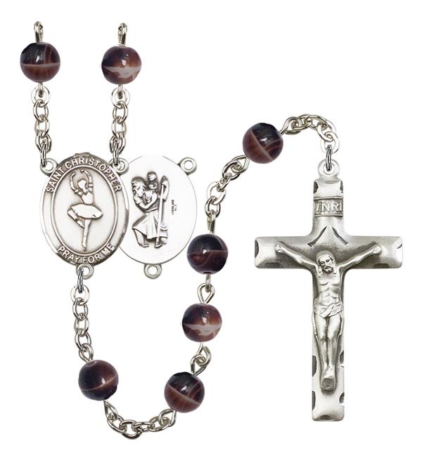 St. Christopher / Dance Rosary, 7mm Brown Glass Beads, Silver Plate, # 12248