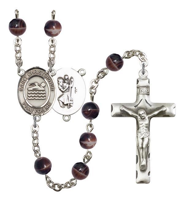 St. Christopher / Swimming Rosary, 7mm Brown Glass Beads, Silver Plate, # 12259