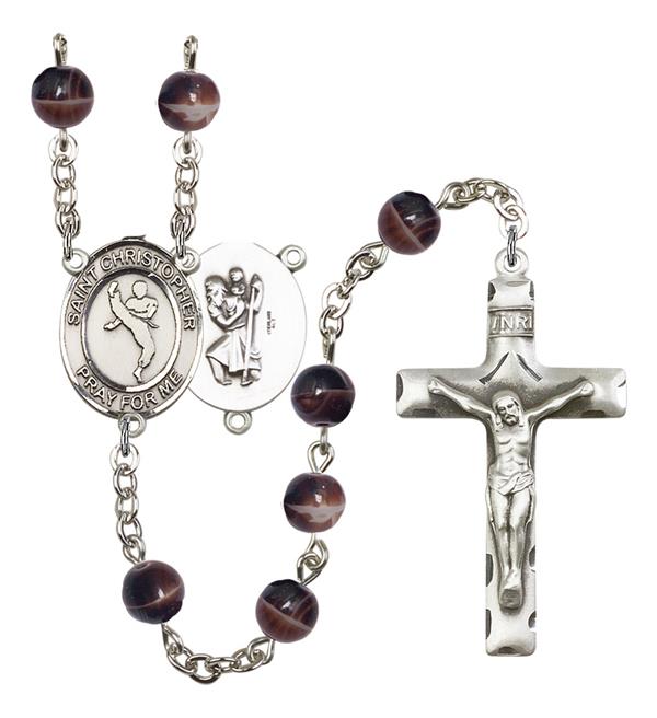 St. Christopher / Martial Arts Rosary, 7mm Brown Glass Beads, Silver Plate, # 12260