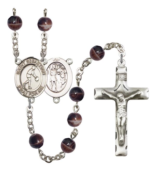 St. Sebastian / Basketball Rosary, 7mm Brown Glass Beads, Silver Plate, # 12265