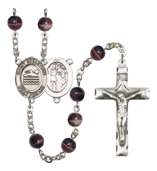 St. Sebastian / Swimming Rosary, 7mm Brown Glass Beads, Silver Plate, # 12269