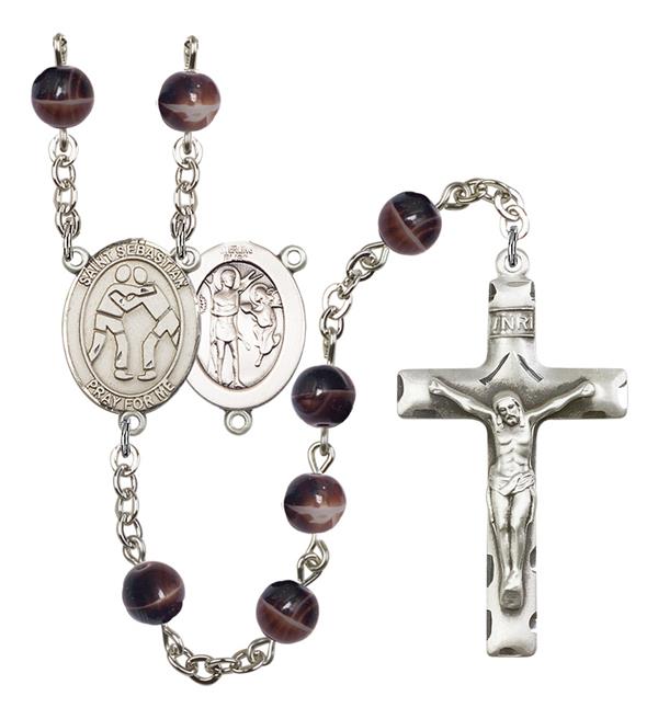 St. Sebastian / Wrestling Rosary, 7mm Brown Glass Beads, Silver Plate, # 12273