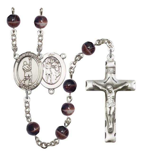 St. Sebastian / Lacrosse Rosary, 7mm Brown Glass Beads, Silver Plate, # 12276