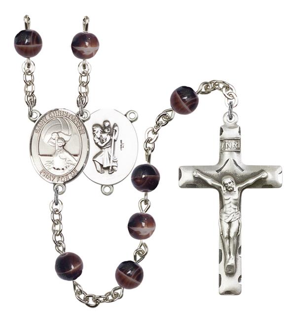 St. Christopher / Women's Water Polo Rosary, 7mm Brown Glass Beads, Silver Plate, # 12301