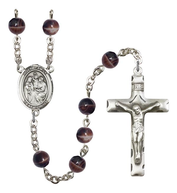 Holy Family Rosary, 7mm Brown Glass Beads, Silver Plate, # 12325