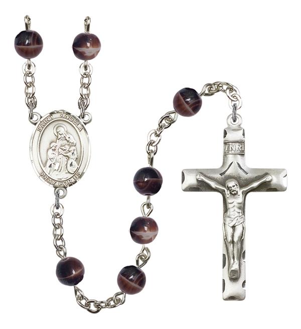 St. Angela Merici Rosary, 7mm Brown Glass Beads, Silver Plate, # 12395