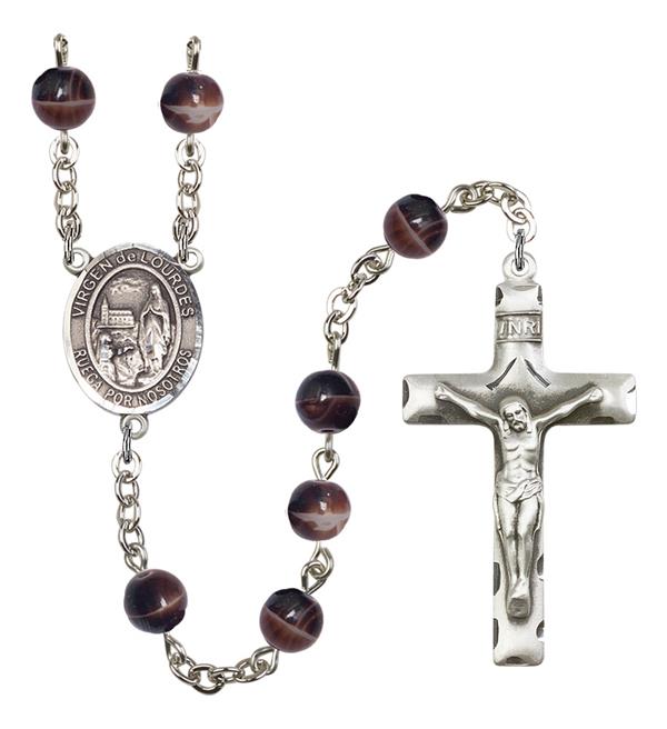 Virgen del Lourdes Spanish Rosary, 7mm Brown Glass Beads, Silver Plate, # 12403