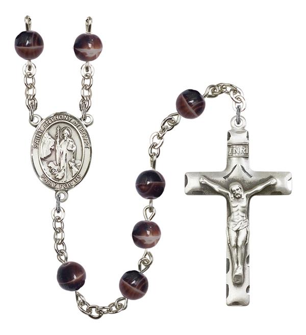 St. Anthony of Egypt Rosary, 7mm Brown Glass Beads, Silver Plate, # 12434