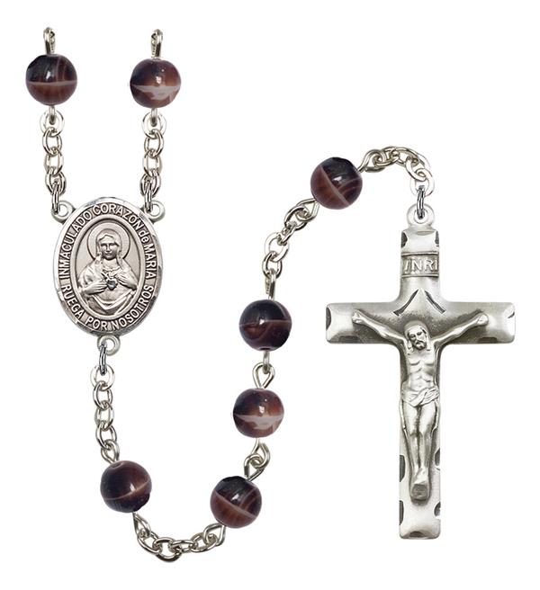 Corazon Inmaculado de Maria Spanish Rosary, 7mm Brown Glass Beads, Silver Plate, # 12455