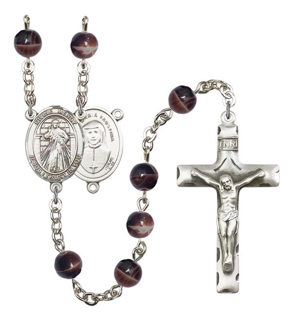 Divine Mercy Rosary, 7mm Brown Glass Beads, Silver Plate, # 12485