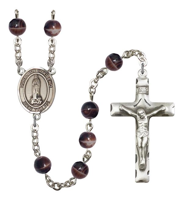 Our Lady of Kibeho Rosary, 7mm Brown Glass Beads, Silver Plate, # 12569