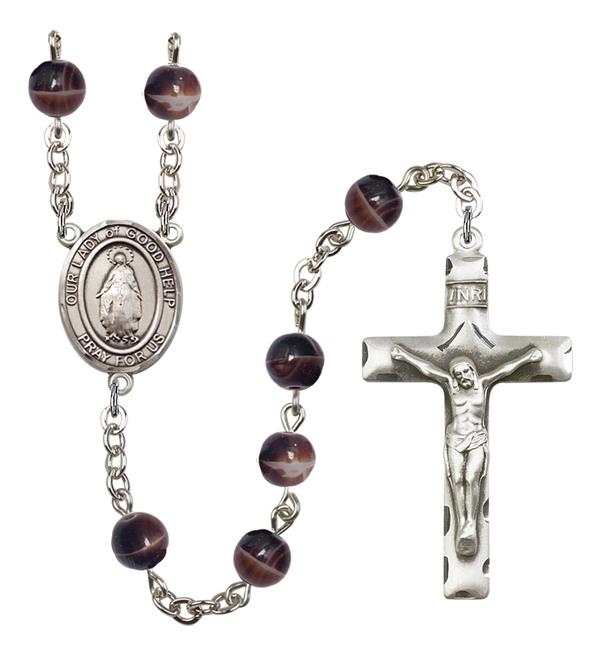 Our Lady of Good Help Rosary, 7mm Brown Glass Beads, Silver Plate, # 12586