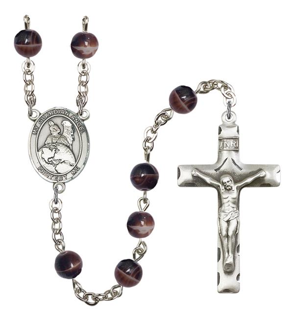 Guardian Angel Protector Rosary, 7mm Brown Glass Beads, Silver Plate, # 12593
