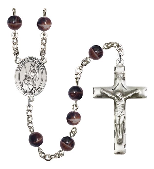 Guardian Angel of the World Rosary, 7mm Brown Glass Beads, Silver Plate, # 12594