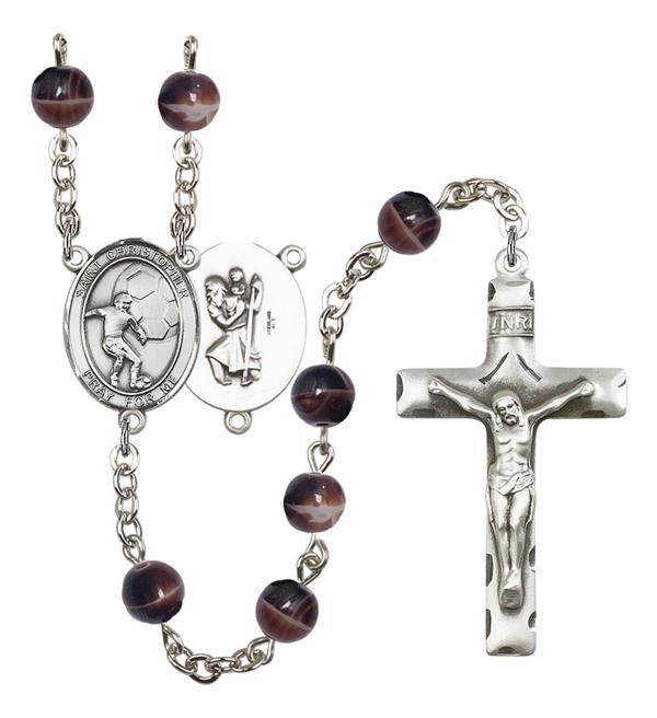 St. Christopher / Soccer Rosary, 7mm Brown Glass Beads, Silver Plate, # 12611