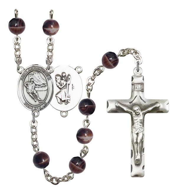 St. Christopher / Hockey Rosary, 7mm Brown Glass Beads, Silver Plate, # 12612