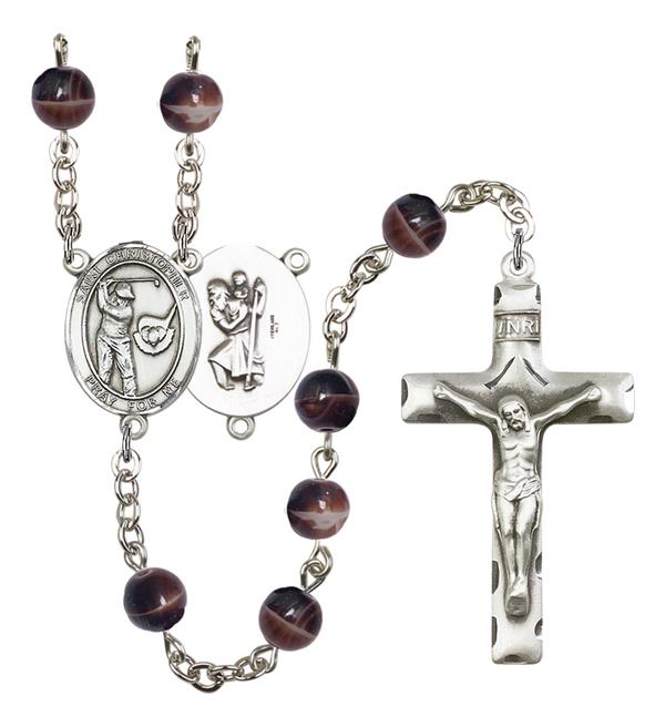 St. Christopher / Golf Rosary, 7mm Brown Glass Beads, Silver Plate, # 12614