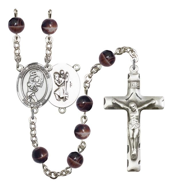 St. Christopher / Softball Rosary, 7mm Brown Glass Beads, Silver Plate, # 12615