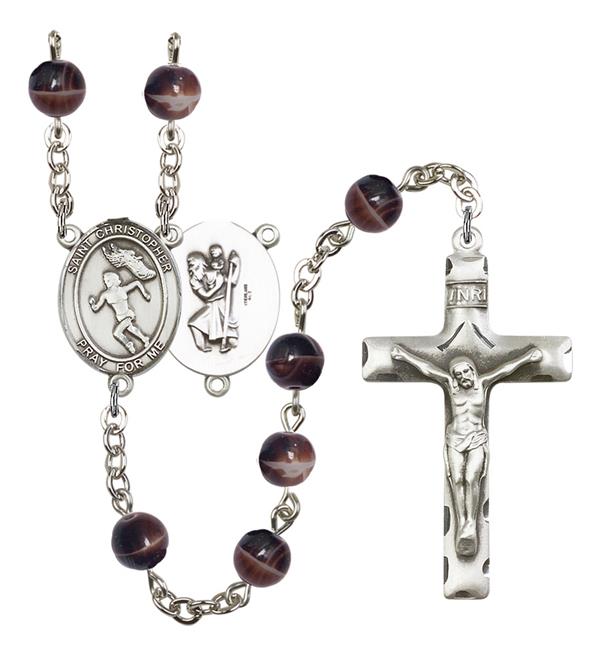 St. Christopher / Women's Track & Field Rosary, 7mm Brown Glass Beads, Silver Plate, # 12618