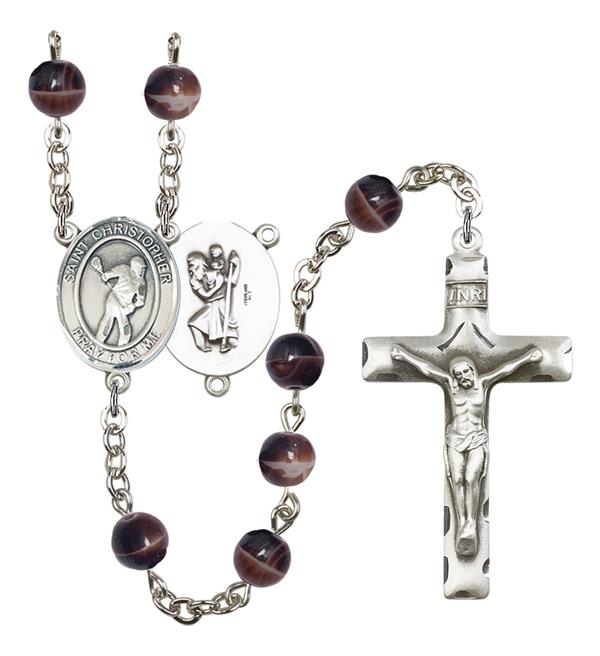 St. Christopher / Lacrosse Rosary, 7mm Brown Glass Beads, Silver Plate, # 12624