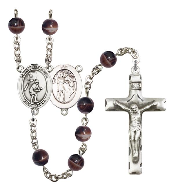 St. Sebastian / Tennis Rosary, 7mm Brown Glass Beads, Silver Plate, # 12631