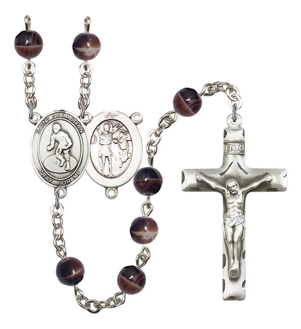 St. Sebastian / Wrestling Rosary, 7mm Brown Glass Beads, Silver Plate, # 12634