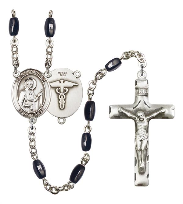 St. Camillus Nurse Rosary, 8x5mm Black Onyx Beads, Silver Plate, # 12681