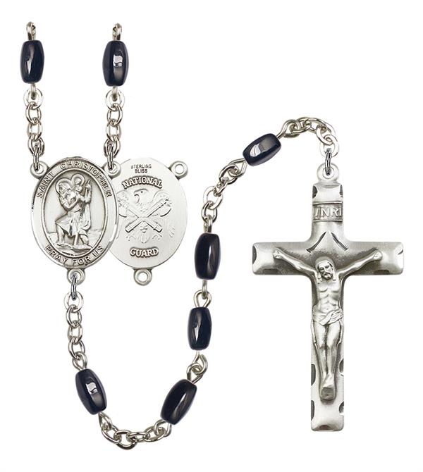 St. Christopher National Guard Rosary, 8x5mm Black Onyx Beads, Silver Plate, # 12691