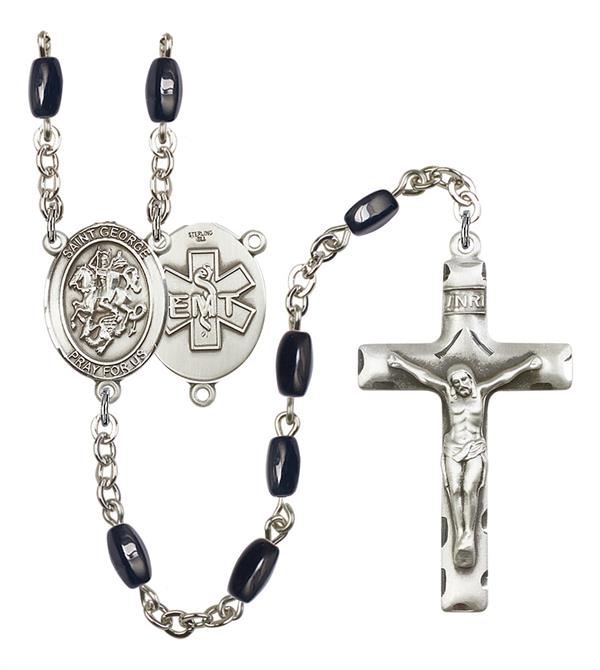 St. George EMT Rosary, 8x5mm Black Onyx Beads, Silver Plate, # 12715