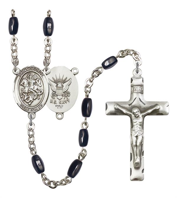 St. George U.S. Navy Rosary, 8x5mm Black Onyx Beads, Silver Plate, # 12720