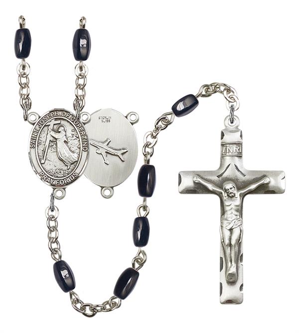 St. Joseph of Cupertino Pilot's Rosary, 8x5mm Black Onyx Beads, Silver Plate, # 12741