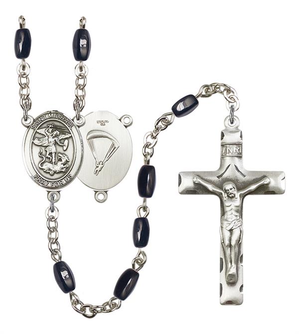 St. Michael Paratrooper Skydiver Rosary, 8x5mm Black Onyx Beads, Silver Plate, # 12771