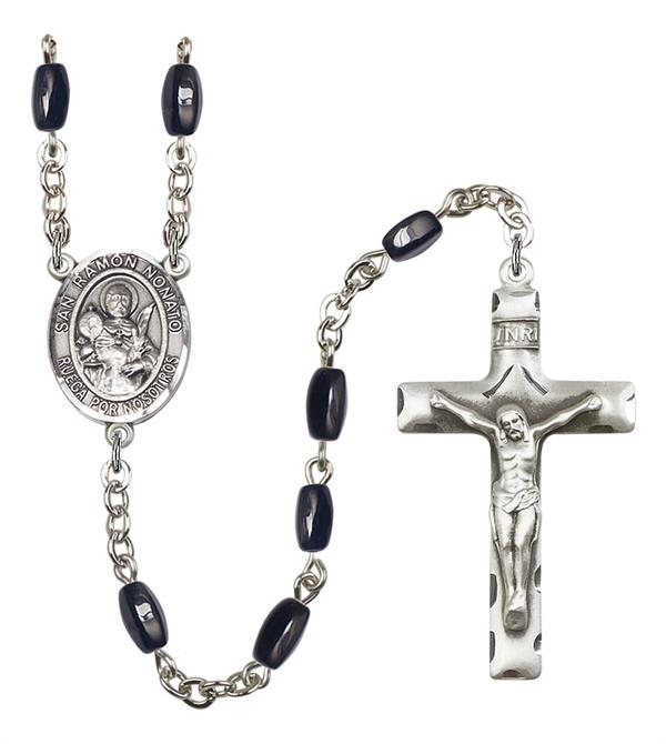 San Ramon Nonato Spanish Rosary, 8x5mm Black Onyx Beads, Silver Plate, # 12791