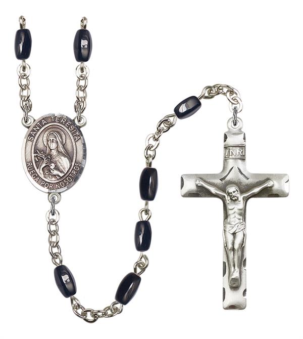 Santa Teresita Spanish Rosary, 8x5mm Black Onyx Beads, Silver Plate, # 12807