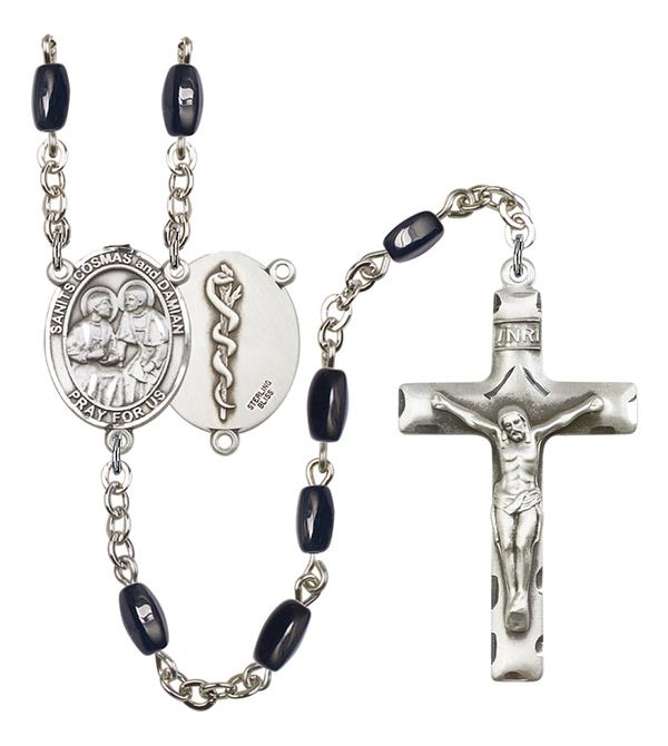 Sts. Cosmas and Damian Doctor's Rosary, 8x5mm Black Onyx Beads, Silver Plate, # 12843
