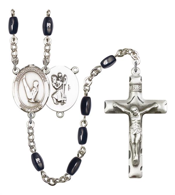 St. Christopher / Gymnastics Rosary, 8x5mm Black Onyx Beads, Silver Plate, # 12852