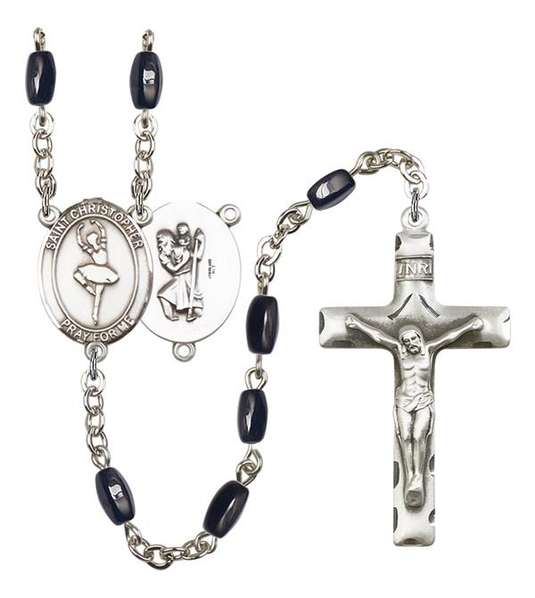 St. Christopher / Dance Rosary, 8x5mm Black Onyx Beads, Silver Plate, # 12853