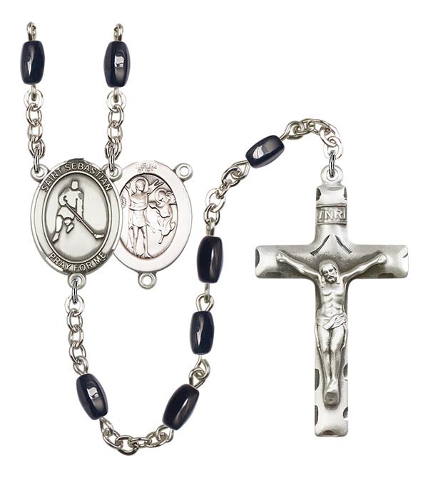 St. Sebastian / Ice Hockey Rosary, 8x5mm Black Onyx Beads, Silver Plate, # 12874