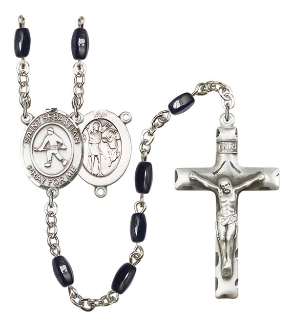 St. Sebastian / Field Hockey Rosary, 8x5mm Black Onyx Beads, Silver Plate, # 12887