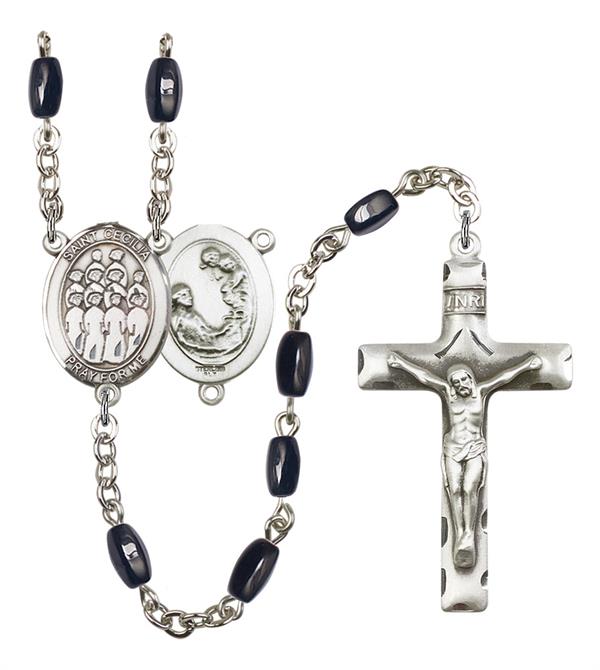 St. Cecilia / Choir Rosary, 8x5mm Black Onyx Beads, Silver Plate, # 12889