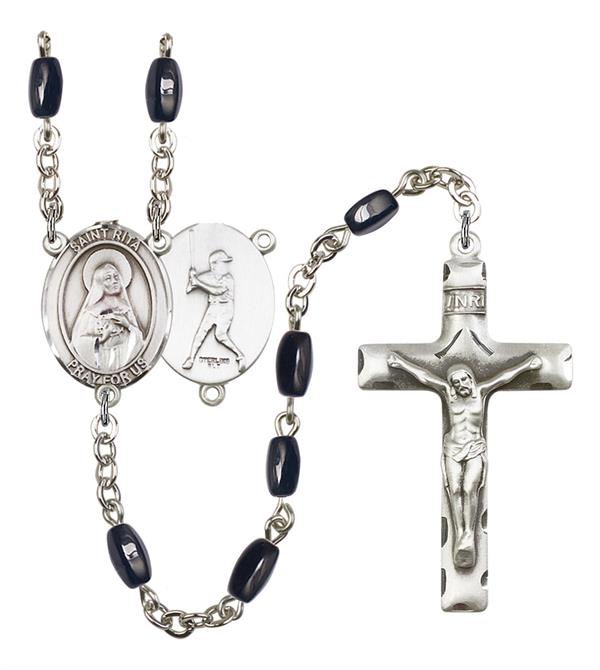 St. Rita / Baseball Rosary, 8x5mm Black Onyx Beads, Silver Plate, # 12890